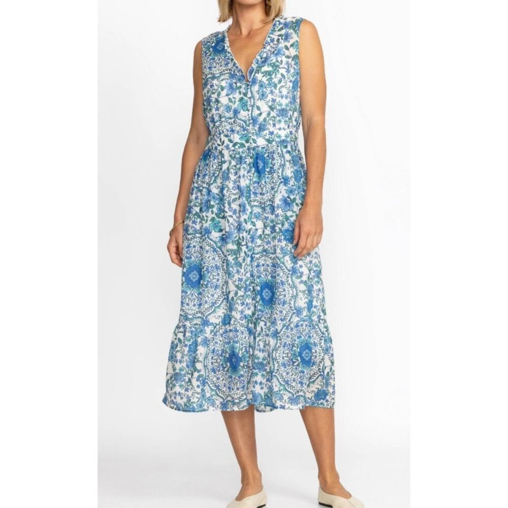 Johnny Was Willow Blue Floral Tank Midi Dress Size S Tiered Ruffle Pockets - Picture 8 of 8